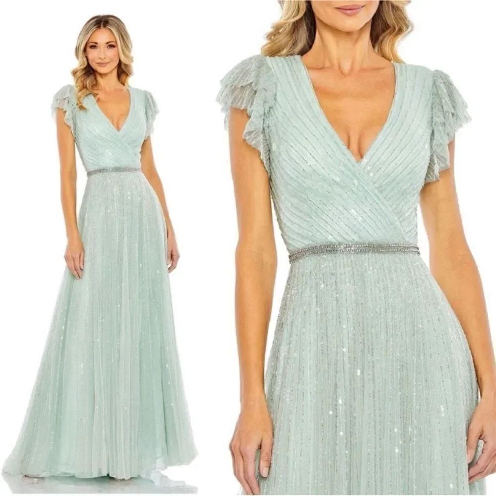Mac Duggal NWT SEQUINED WRAP OVER RUFFLED CAP SLEEVE GOWN in Seamist Size 8